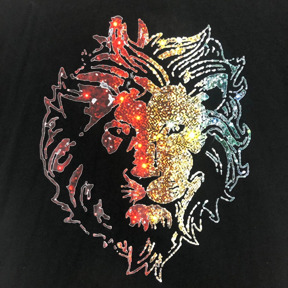 PROBABA Black T Shirt Lion Graphic Print Rainbow Glitter Size L